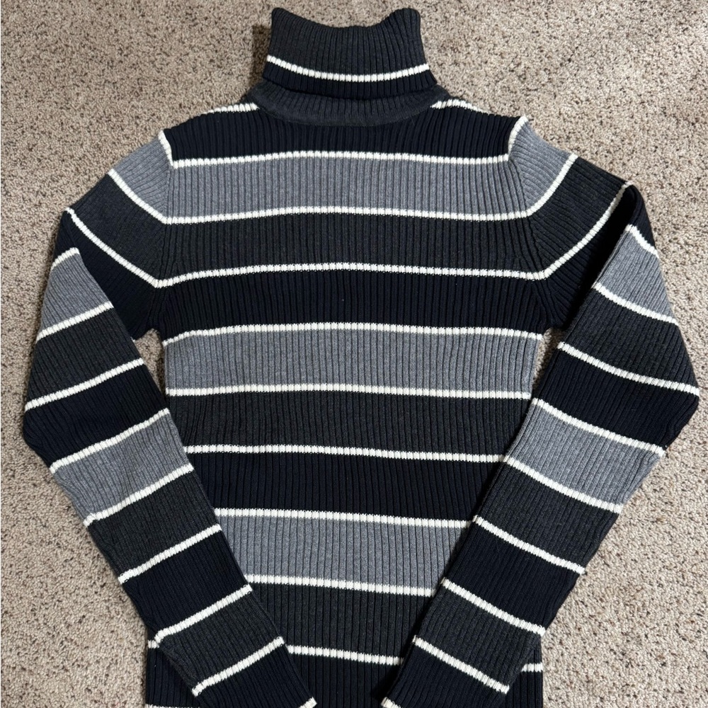 Black, White and Gray Ribbed Knit Turtleneck Sweater